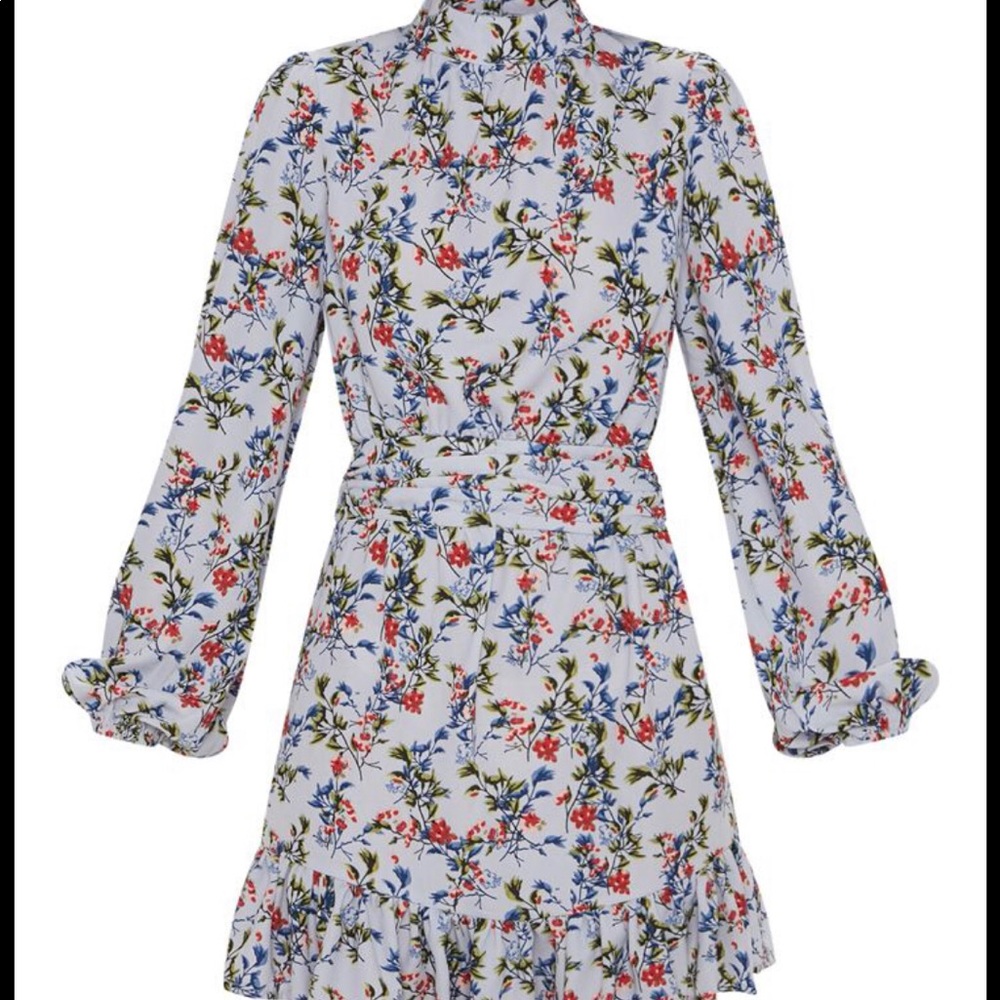 Dusty Blue Floral High Neck Frill Hem Shift Dress